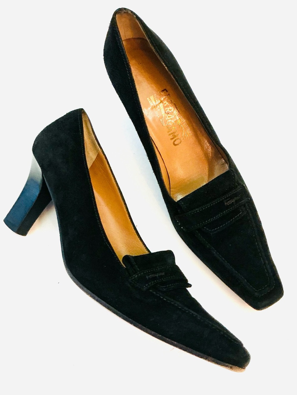 SALVATORE FERRAGAMO Vintage 90's Black Suede Square Heeled Loafers Pumps, Sz 7 A